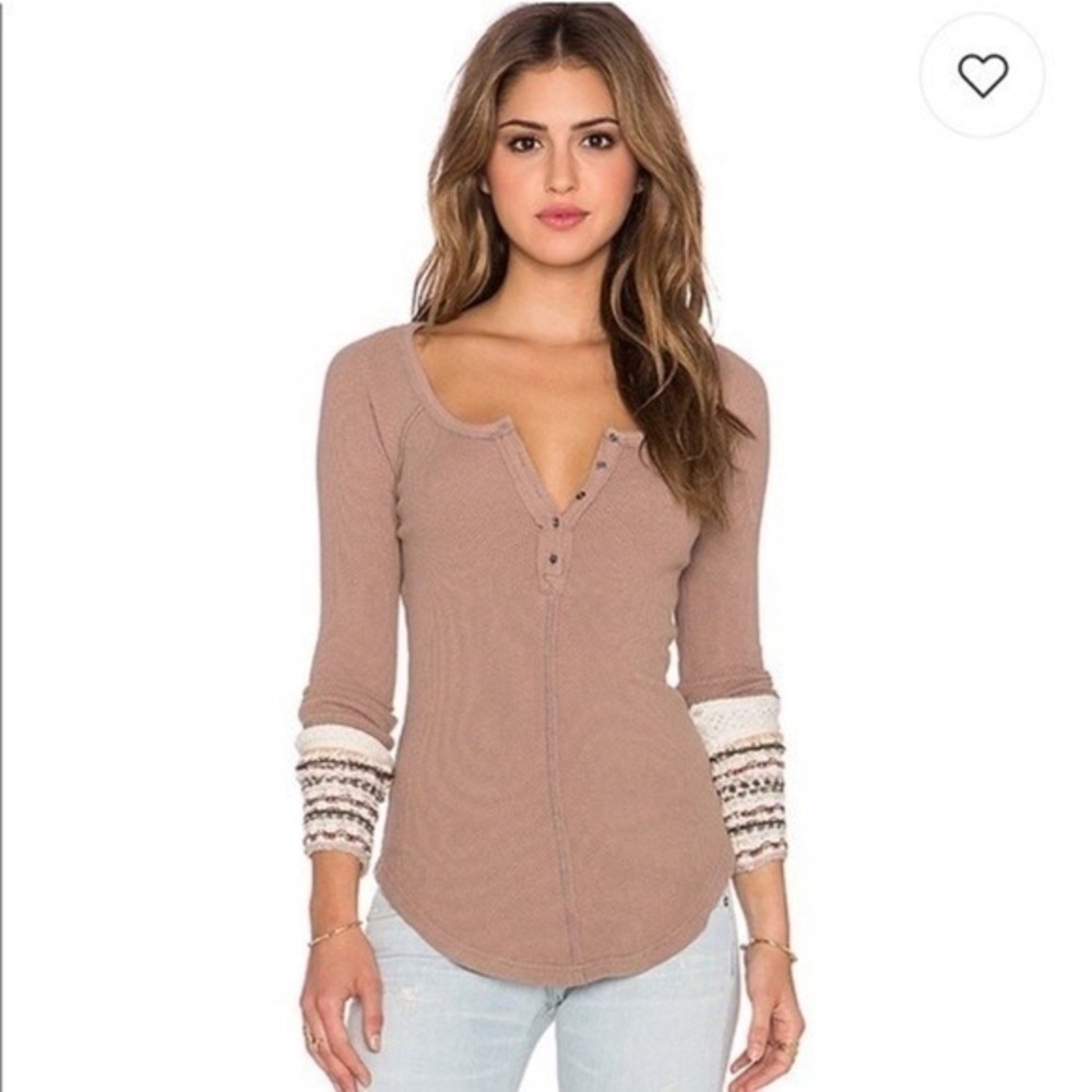 Free People Top Womens XS Alpine Cuff Waffle Henley Thermal Ski Lodge Crochet